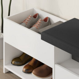 Decortie Modern Filux Shoe Bench Rack White Sliding Fabric Seat And 120.3(W) Storage Cabinet 2-Tier Open Shelves Hallway - thumbnail 6