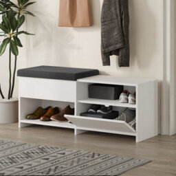 Decortie Modern Filux Shoe Bench Rack White Sliding Fabric Seat And 120.3(W) Storage Cabinet 2-Tier Open Shelves Hallway - thumbnail 5