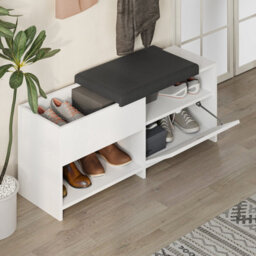 Decortie Modern Filux Shoe Bench Rack White Sliding Fabric Seat And 120.3(W) Storage Cabinet 2-Tier Open Shelves Hallway - thumbnail 2