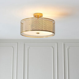 Luminosa Lighting Luminosa Cordero Decorative Flush Ceiling Lamp, Gold Effect Plate, White Fabric, Frosted Glass - thumbnail 3