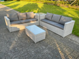 Fimous Light Grey Outdoor Rattan Garden Furniture Set Corner Sofa With 2 Coffee Table - thumbnail 3