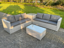 Fimous Light Grey Outdoor Rattan Garden Furniture Set Corner Sofa With 2 Coffee Table - thumbnail 2