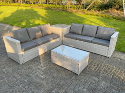 Fimous Light Grey Outdoor Rattan Garden Furniture Set Corner Sofa With 2 Coffee Table - thumbnail 1