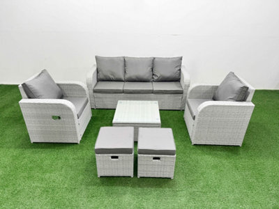 Fimous Pe Rattan Garden Furniture Set Reclining Chair Sofa Lounge Sofa Set Square Coffee Table 2 Small Stools Light Grey - image 1