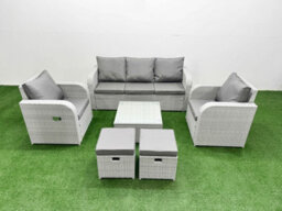 Fimous Pe Rattan Garden Furniture Set Reclining Chair Sofa Lounge Sofa Set Square Coffee Table 2 Small Stools Light Grey - thumbnail 1