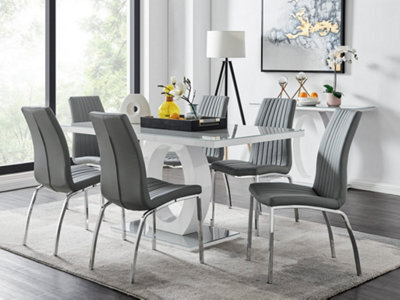 Furniturebox Giovani Rectangular 6 Seat White High Gloss Unique Halo Structural Dining Table Grey Glass Top 6 Grey Faux Leather Isco Chairs - image 1