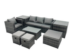 Fimous Outdoor Coffee Table Sofa Armchair Set With 2 Side Tables Big Stool 2 Small Footstools Garden Furniture Set Dark Grey Mixed - thumbnail 1