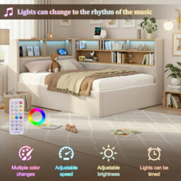 Abrihome Beige Velvet L-Shaped Hydraulic Daybed With Led & Usb Charging, 4Ft6 Double - thumbnail 4