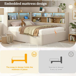Abrihome Beige Velvet L-Shaped Hydraulic Daybed With Led & Usb Charging, 4Ft6 Double - thumbnail 2
