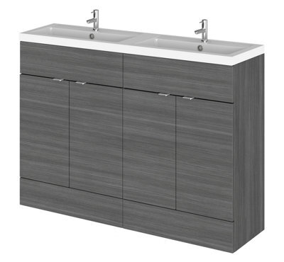 Hudson Reed Fusion Floor Standing 4 Door Vanity Unit & Twin Polymarble Basin, Sink Vanity Unit, Anthracite Woodgrain, 1200mm - image 1