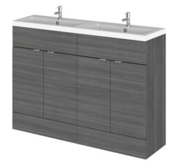Hudson Reed Fusion Floor Standing 4 Door Vanity Unit & Twin Polymarble Basin, Sink Vanity Unit, Anthracite Woodgrain, 1200mm - thumbnail 1