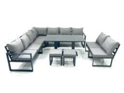 Fimous 11 Seater Outdoor Aluminum Garden Furniture Set Corner Sofa 2 Small Footstools Rising Lifting Dining Table Sets Dark Grey - thumbnail 2