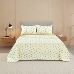 Soft Flower Print Brushed Cotton Fitted Flat Sheet And Matching Pillowcases Natural