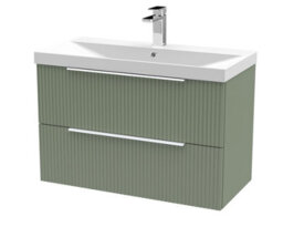 Balterley Tixall Fluted 2 Drawer Wall Hung Vanity Unit With Thin Edge Basin, Satin Green, 800mm - thumbnail 1