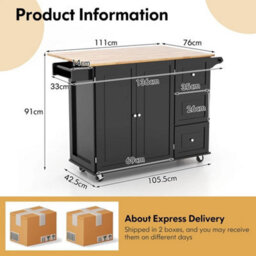 Kitchen Storage Trolley Cart Rolling Island Shelves Cupboard-Black - thumbnail 2