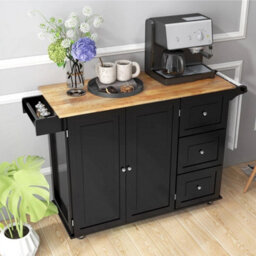 Kitchen Storage Trolley Cart Rolling Island Shelves Cupboard-Black - thumbnail 3