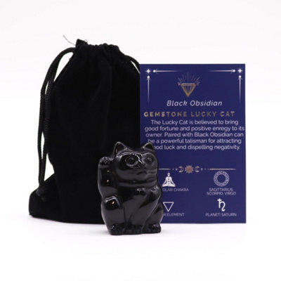 Black Obsidian & Gold Tiger Eye Lucky Cat Figurine For Home & Luck