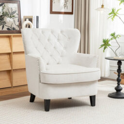 Living And Home Modern Beige White Linen Upholstered Tufted Accent Chair Armchair 85Cm (W) X 88Cm (D) X 94Cm (H)