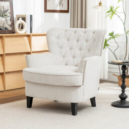 Living And Home Modern Beige White Linen Upholstered Tufted Accent Chair Armchair 85Cm (W) X 88Cm (D) X 94Cm (H) - thumbnail 2