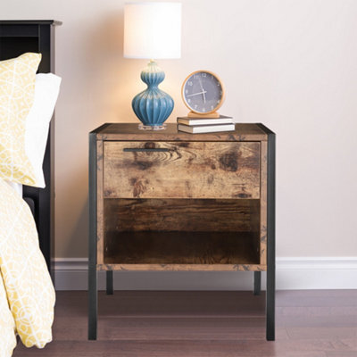 Living And Home Retro Wooden Frame Bedside Table Nightstand With 1 Drawer And Open Front Storage Compartment - image 1