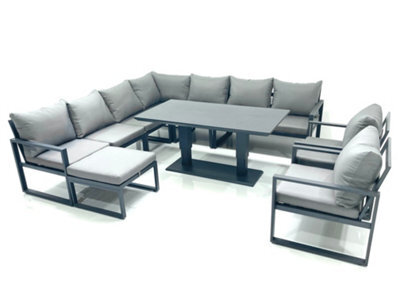 Fimous 10 Seater Outdoor Aluminum Garden Furniture Set Corner Sofa Footstool 2 Chairs Adjustable Rising Lifting Dining Table Sets