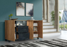Furneo Sideboard Oak & Black Concrete Effect Cabinet Cupboard Unit White Led Lights Enzo 06 - thumbnail 2