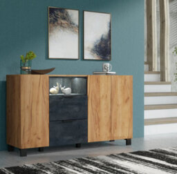Furneo Sideboard Oak & Black Concrete Effect Cabinet Cupboard Unit White Led Lights Enzo 06 - thumbnail 1