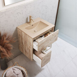 Homestylestore Light Oak 612mm Wall Hung Bathroom Vanity Unit Led Lit Open Shelf And Sand Basin - thumbnail 2
