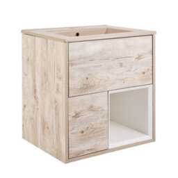 Homestylestore Light Oak 612mm Wall Hung Bathroom Vanity Unit Led Lit Open Shelf And Sand Basin
