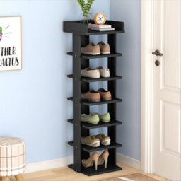 Darphe Modern Minimalist Seven-Level Wooden Narrow Shoe Rack In Black Lacquered Wood Color For Home Use