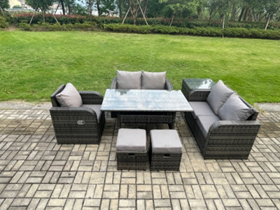 Fimous Rattan Sofa Set Outdoor Garden Furniture Oblong Rectangular Dining Table With Side Table Footstools Dark Grey Mixed - image 1