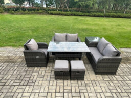 Fimous Rattan Sofa Set Outdoor Garden Furniture Oblong Rectangular Dining Table With Side Table Footstools Dark Grey Mixed - thumbnail 1