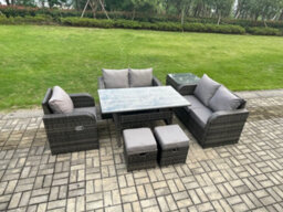 Fimous Rattan Sofa Set Outdoor Garden Furniture Oblong Rectangular Dining Table With Side Table Footstools Dark Grey Mixed - thumbnail 2