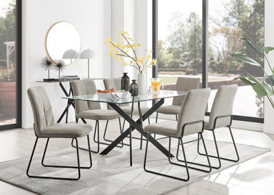 Furniturebox Uk Leonardo Black Leg Glass Dining Table & 6 Taupe Halle Chairs - image 1