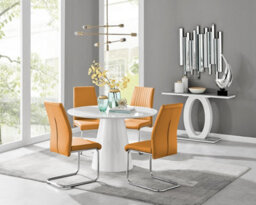 Furniturebox Uk Palma White High Gloss Round Dining Table & 4 Mustard Lorenzo Chairs - thumbnail 1