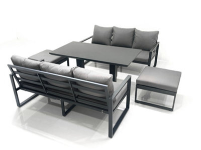 Fimous 8 Seater Aluminium Outdoor Garden Furniture Set With Adjustable Rising Lifting Dining Table 3 Seater Sofa 2 Big Footstool - image 1