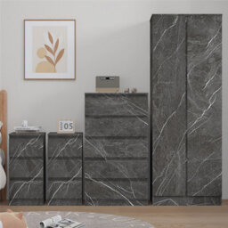 Zita Grey Marble Effect 4 Piece Bedroom Set - 2 Door Wardrobe, Tall Chest & 2 Bedside Tables, Stylish Storage Solution - thumbnail 2