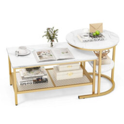 Set Of 2 Gold Nesting Coffee Table Detachable Faux Marble Top Table Set - thumbnail 1