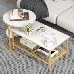 Set Of 2 Gold Nesting Coffee Table Detachable Faux Marble Top Table Set - thumbnail 3