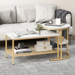 Set Of 2 Gold Nesting Coffee Table Detachable Faux Marble Top Table Set - thumbnail 5