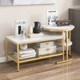 Set Of 2 Gold Nesting Coffee Table Detachable Faux Marble Top Table Set - thumbnail 6