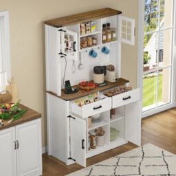 Abrihome White Tall Pantry Cabinet With Led Lights & Charging Station - Barn Door Buffet Sideboard For Kitchen, Living Room, Coffee Bar - thumbnail 2