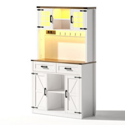 Abrihome White Tall Pantry Cabinet With Led Lights & Charging Station - Barn Door Buffet Sideboard For Kitchen, Living Room, Coffee Bar - thumbnail 9