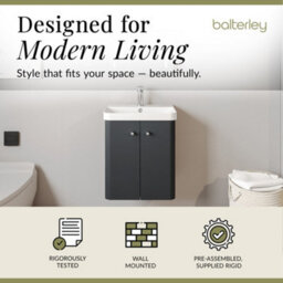Balterley Flashbrook Modern Bathroom Wall Hung 2 Door Vanity Unit Basin, Dark Grey, 505mm - thumbnail 3