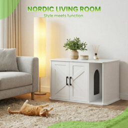 London Boutique White Cat Litter Box Enclosure, 85X49X50Cm Litter Box Cabinet, Side Entry, Double Doors, Farmhouse Cat Furniture - thumbnail 7