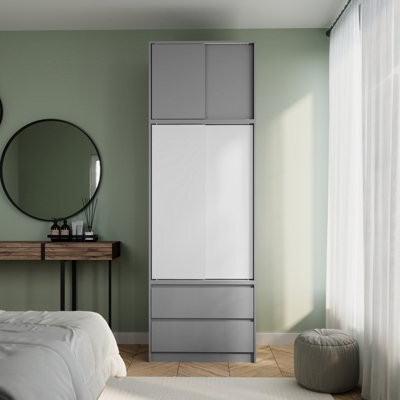 Urbn-Living Urbnliving 240Cm Height Grey Carcass With 2 Sliding White Doors Wardrobe Bedroom Storage Closet Hanging Rail Cupboard Unit - image 1