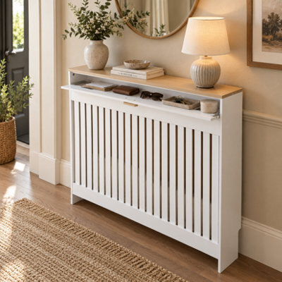 Fativo 112.5X19X95.5Cm White Radiator Cover With Drawer, Slatted Mdf Radiator Cabinet With Wood Effect Top - image 1