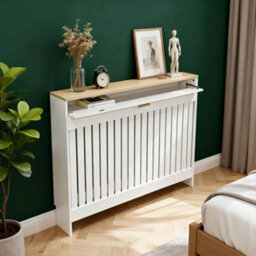 Fativo 112.5X19X95.5Cm White Radiator Cover With Drawer, Slatted Mdf Radiator Cabinet With Wood Effect Top - thumbnail 8