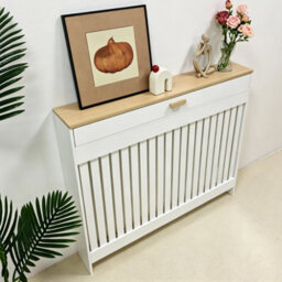 Fativo 112.5X19X95.5Cm White Radiator Cover With Drawer, Slatted Mdf Radiator Cabinet With Wood Effect Top - thumbnail 9