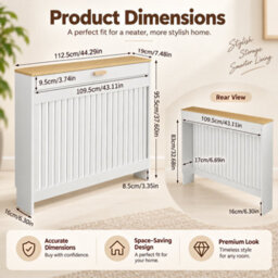 Fativo 112.5X19X95.5Cm White Radiator Cover With Drawer, Slatted Mdf Radiator Cabinet With Wood Effect Top - thumbnail 2